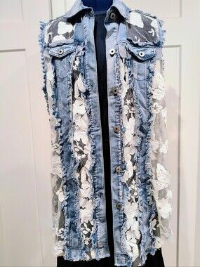 NWT Ethyl Clothing Sleeveless Light Blue Denim Vest with White Floral Lace